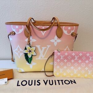Louis Vuitton Neverfull MM By The Pool Rose Tote + Pouch Charm Full Set